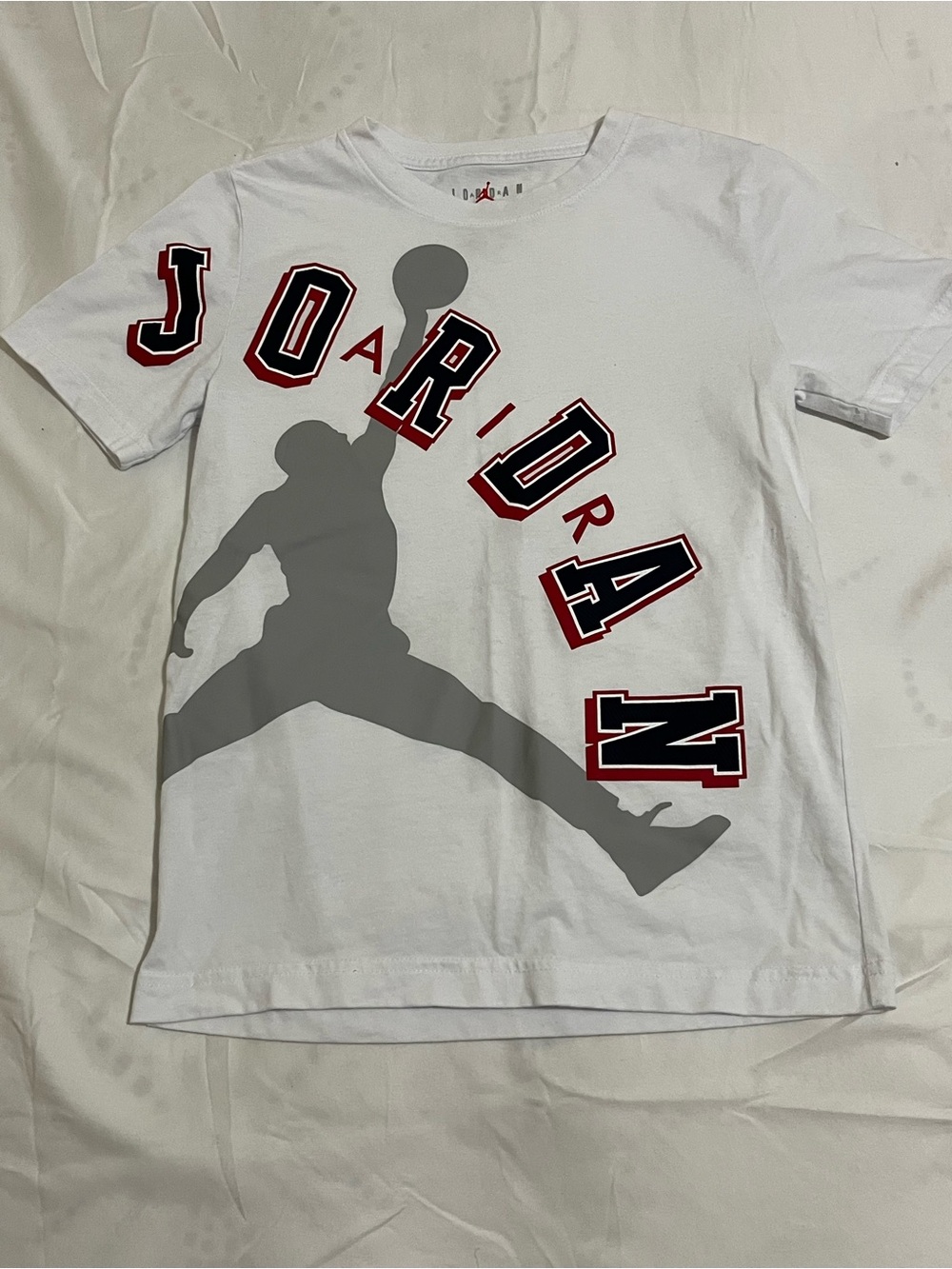 Jordan White Tee with Gray Jumpman and Red-Outlined Black Lettering Size Medium